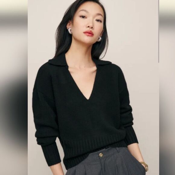 Reformation Beckie Cashmere Sweater Navy Blue Collared Preppy Soft Pull Over XS - Picture 1 of 6